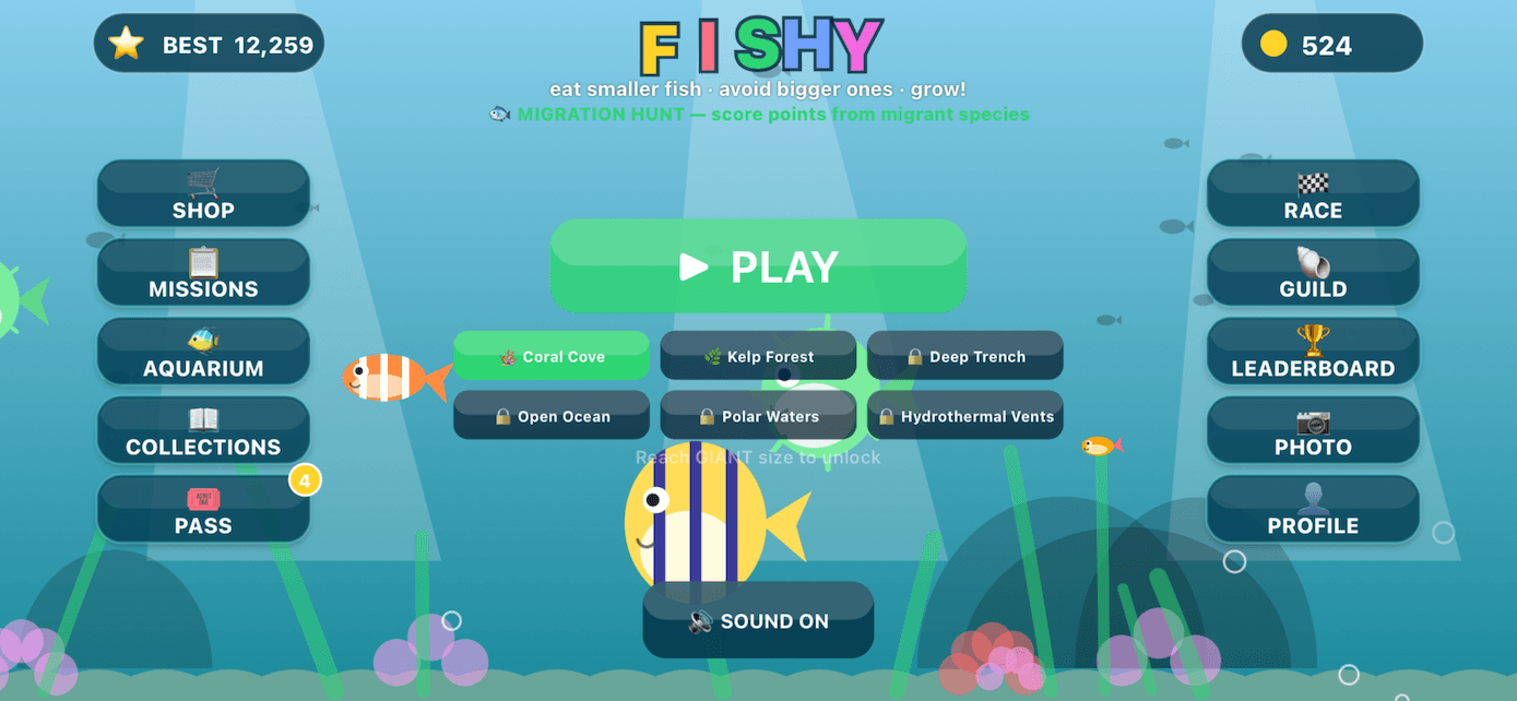 Fishy title screen with Play, Shop, and Missions on a bright ocean